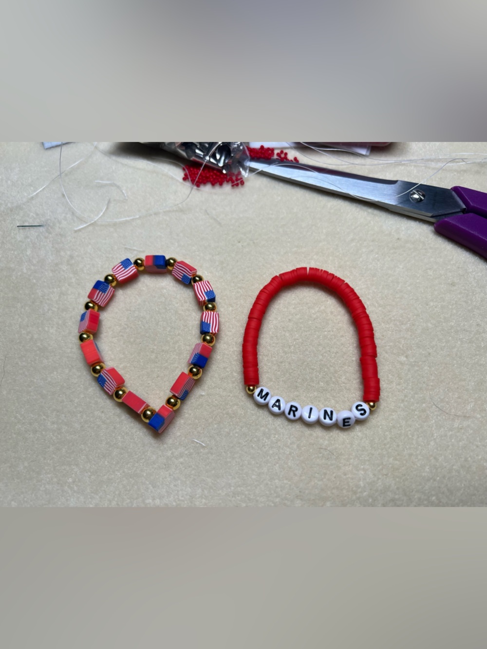 Patriotic Beaded Bracelet Set - Red Marines - Handmade #B0462T - Picture 2 of 4